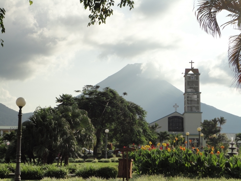 Main Square in La Fortuna with Arenal Volcano in the background